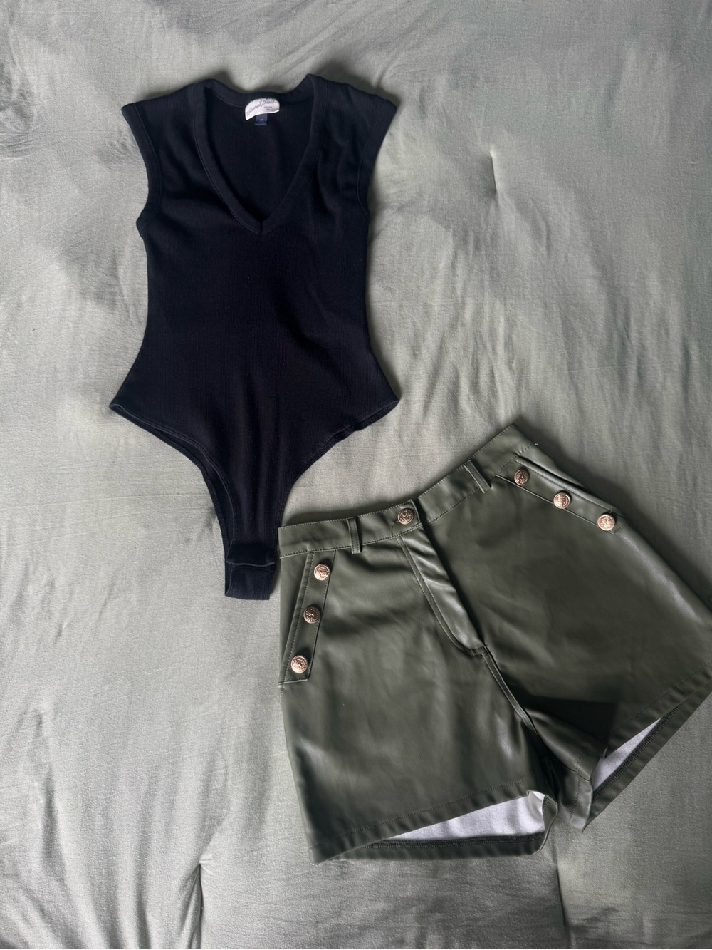 Jolie and Joy High-Waist Green Faux Leather Button-Accent Shorts